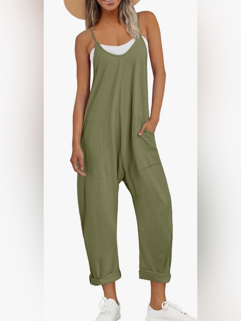 Relaxed Olive Green Women's Strap Jumpsuit with Front Pockets